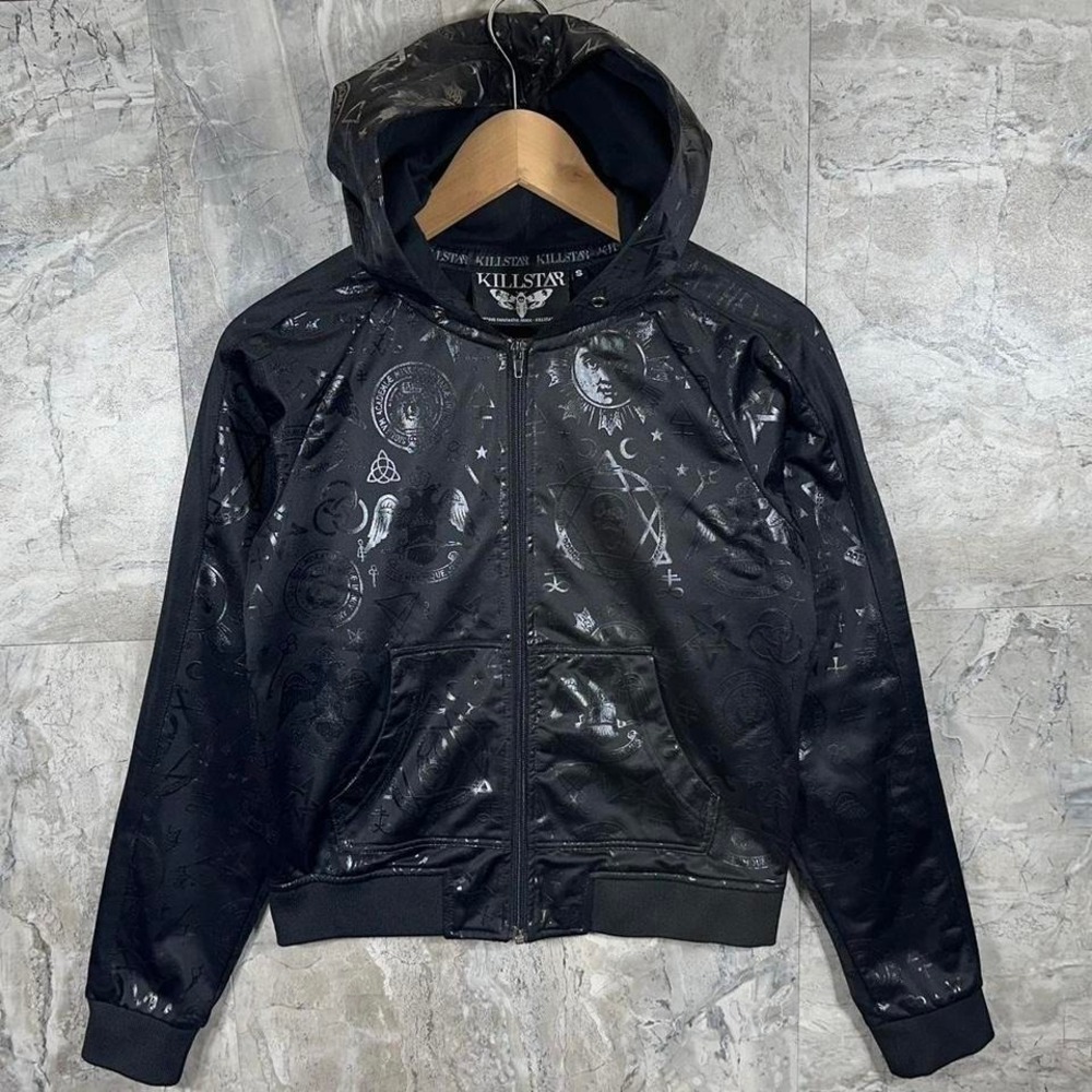 Y2K Killstar Full Zip Hoodie Sweatshirt‎ Goth Printed Jacket Black Women's Small